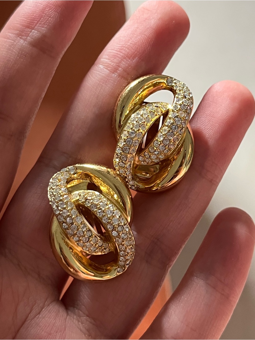 Authentic Vintage Dior Interlocking Chain Twist Rhinestone Gold Clip-On Earrings